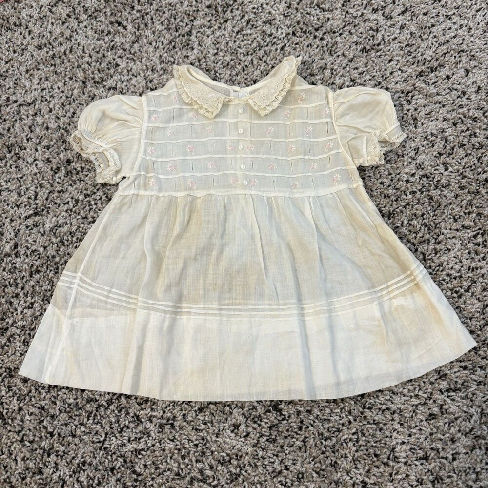 Antique Vintage Baby Dress Handmade Cotton Embroidered Pink Floral Lace Collar